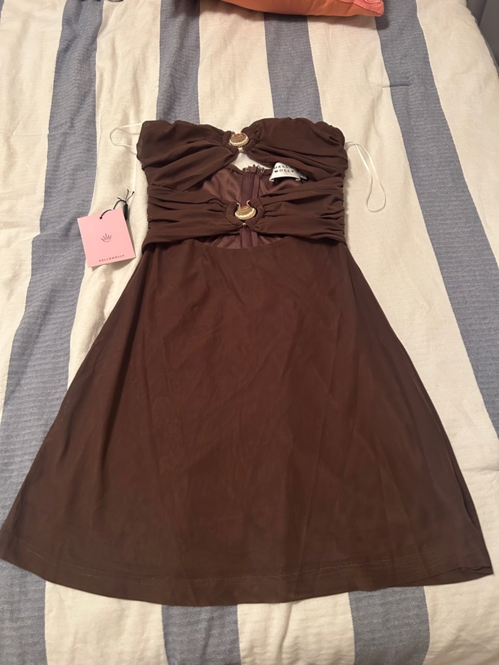 Brown Strapless Dress with Gold Ring Detail - Hello Molly